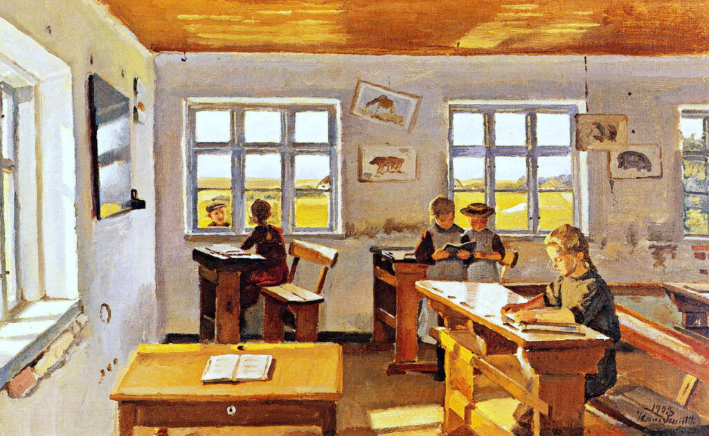 Vestjysk skolestue. Malet af Hans Schmidt ca. 1900.